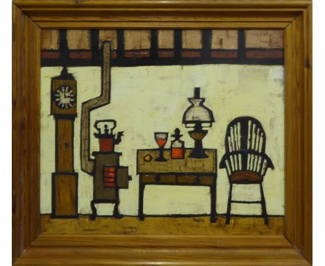 COLIN RUFFELL (British, born Brighton) 'Kitchen Interior with Table, Stove, and Grandfather Clock', oil on board, signed lowe