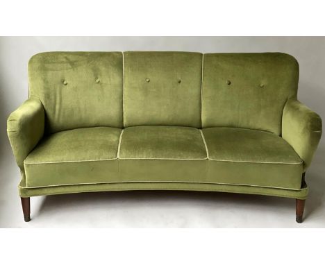 BANANA SOFA, mid 20th century Danish with moss green velvet button upholstery and turned teak supports, 168cm W. 