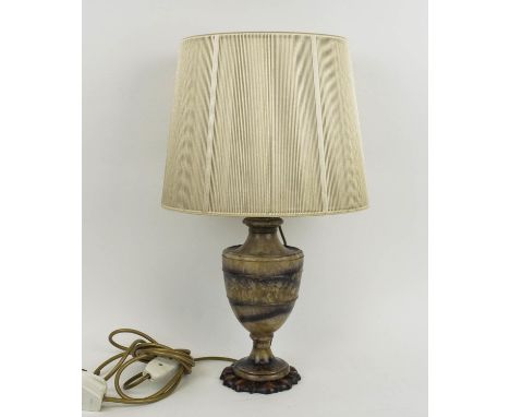 BLUE JOHN URN, late 18th century converted to a lamp, the fluorite Derbyshire spar with familiar bands of purple blue and yel