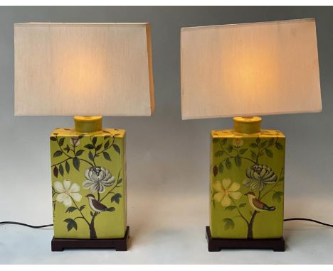 TABLE LAMPS, a pair, Chinese ceramic lime green depicting birds of paradise amongst tree blossom, 75cm H. (2) 