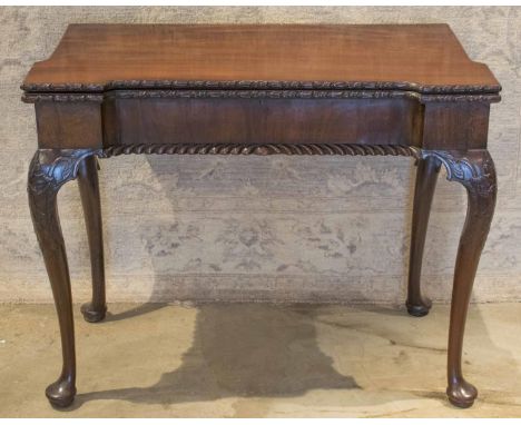 CARD TABLE, George II mahogany with projecting cornered foldover top revealing green baize and counter wells on cabriole legs