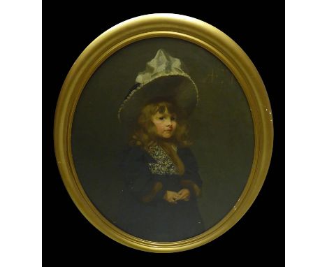 19th CENTURY SCHOOL 'Portrait of a Young Girl Wearing a Hat and Coat', oil on canvas, 100cm x 70cm, in an oval frame. 