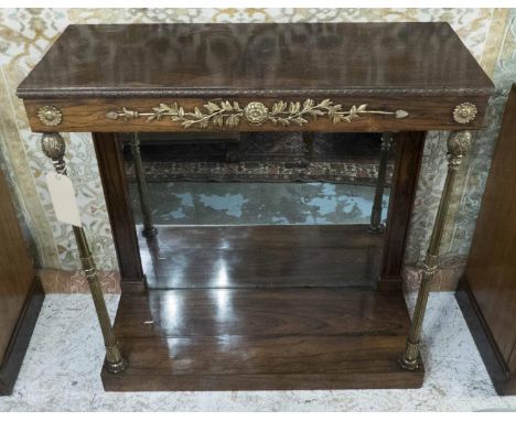 CONSOLE TABLE, Regency rosewood and brass mounted with mirrored back and front column supports, 91cm H x 90cm W x 36cm D. 