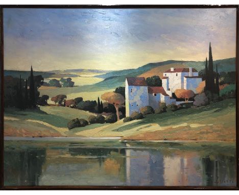 MAX HAYSLETTE (b. 1929, West Virginia, USA) 'French Landscape', embellished lithograph on canvas, 90cm x 117cm, framed. 