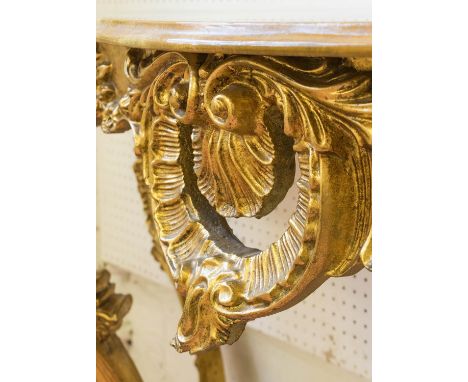 LOUIS XV STYLE CONSOLE TABLE, with a serpentine marble top on a gilt base, 128cm W x 37cm D x 82cm H. 