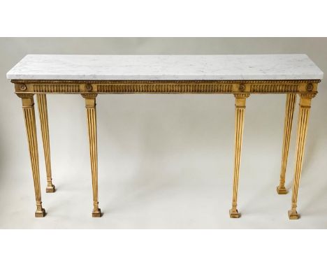 CONSOLE TABLE, George III style giltwood with grey veined white marble top and fluted frieze, 150cm x 38cm x 81cm H. 