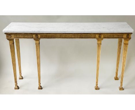 CONSOLE TABLE, George III style giltwood with grey veined white marble top and fluted frieze, 150cm x 38cm x 81cm H. 