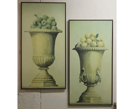 NEOCLASSICAL WALL PANELS, a set of two, large scale prints on boards of urns and fruit, framed, 135.5cm H x 69.5cm W. (2) 