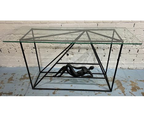 JAQUES DUFRESNE CONSOLE TABLE, bronze with glass top, bears signature, 128cm x 44cm x 70cm. 