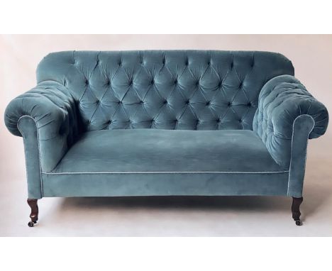 CHESTERFIELD SOFA, Edwardian misty blue velvet upholstered with deep buttoned back and arms on shaped supports, 160cm W. 