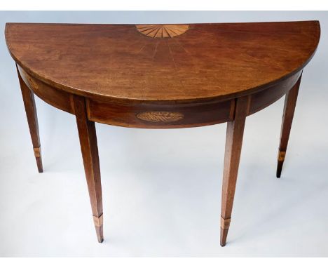 GEORGE III CONSOLE TABLE, demilune mahogany with satinwood fan and radial inlay and conch inset frieze, 111cm x 73cm H x 55cm