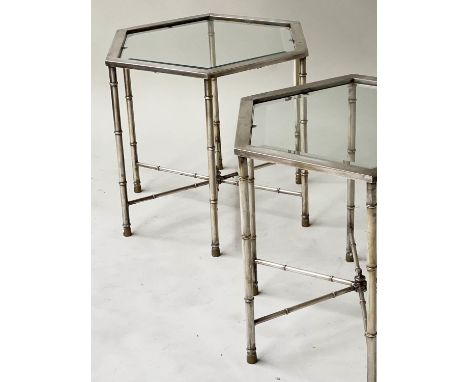 LAMP TABLES, a pair, octagonal Regency style silvered metal with bevelled glass, 51cm x43cm H. (2) 