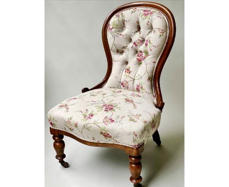 SLIPPER CHAIR, Victorian mahogany framed with spoon framed button upholstered printed cotton, 60cm W. 