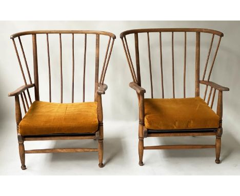 ARMCHAIRS, a pair, mid 20th century in the manner of early Ercol beach and bent elm with enclosing rail and slats, 78cm W. (2