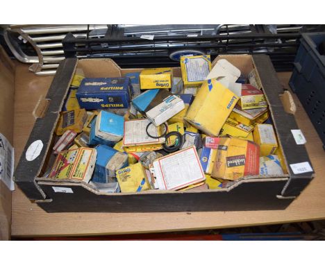 Mixed box of various car spares to include Philips spark plugs, Lucas new/old stock etc
