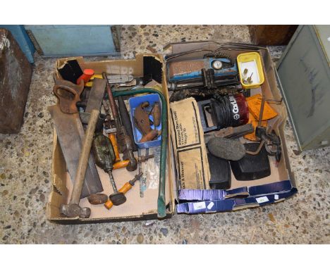 Two boxes of mixed tools, car spares etc