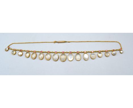 A 15ct Gold Graduated Moon Stone and Amethyst Set Fringe Necklace 41 cms long 