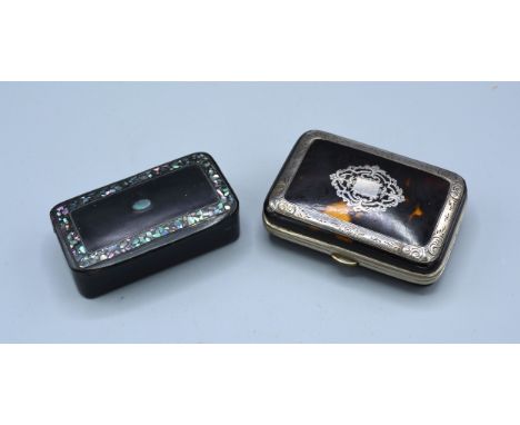A 19th Century Tortoiseshell And White Metal Mounted Purse together with a lacquered snuff box with mother of pearl decoratio