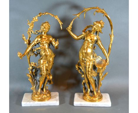 After Augustus Moreau, a pair of patinated figures Le Printemps and La Nymphe des Eaux 45 cms tall 