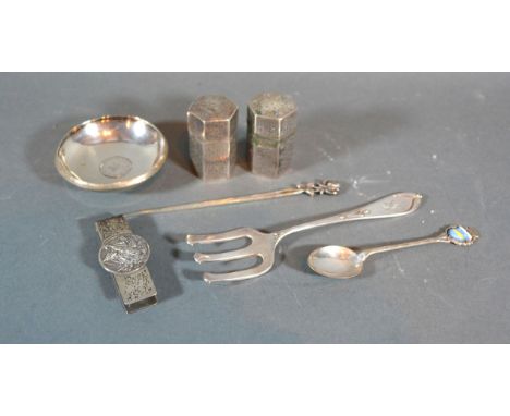 A Russian Silver Salt and Pepper of hexagonal form marked 84 together with an 800 mark small bowl, an 800 mark fork, spoon an