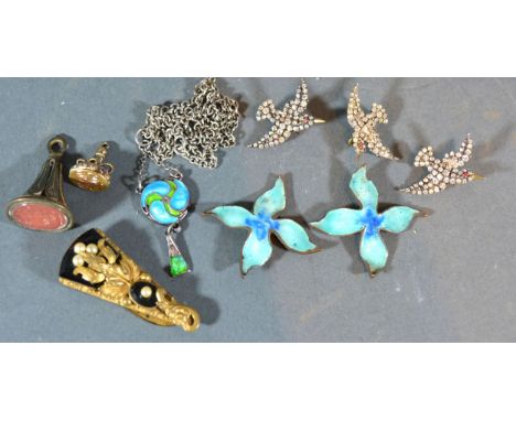 A Pair of Enamel Set Ear Clips together with a similar enamel pendant, three paste set brooches in the form of birds, two gil