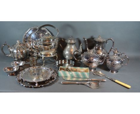 A Sheffield Plated Four Piece Tea Service together with a collection of other silver plated items to include a spirit kettle 