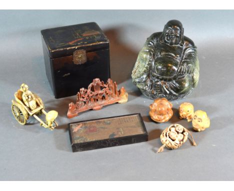 A Chinese Hard Stone Model in the form of Buddha together with various other related items to include four Netsuke 