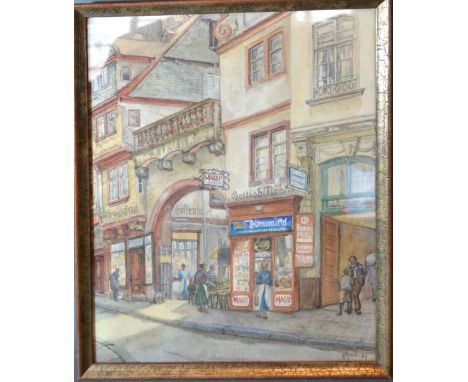 Hermann Maue 'Street Scene with Figures before Shops' 30 x 23 cms 