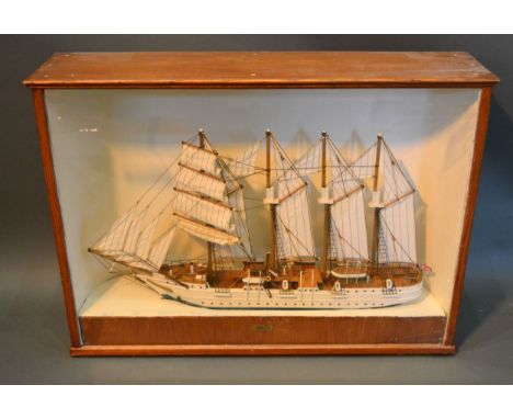 A Four Masted Model Boat 'Morning Cloud' within glazed cabinet, 85 cms wide x 62 cms high 