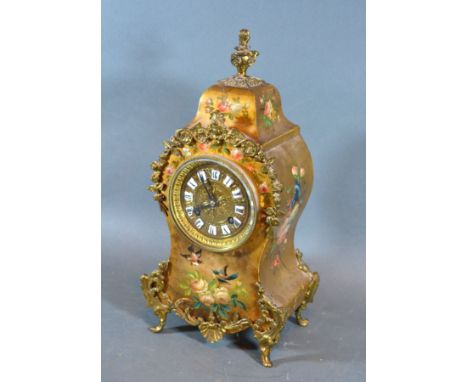 A 20th Century Lacquered Mantle Clock, the brass dial with ceramic Roman numerals hand painted with birds amongst foliage and