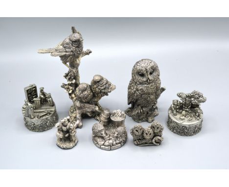 A Sterling Silver And Filled Model In The Form Of An Owl 11 cms tall together with another similar group of birds and three o