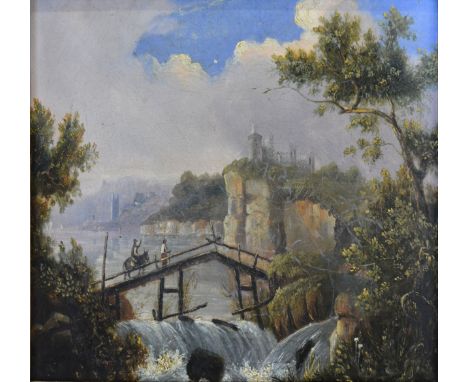 Early 19th Century Continental School 'Figures on a Bridge with Buildings Beyond' oil on canvas, 21 x 29 cms 