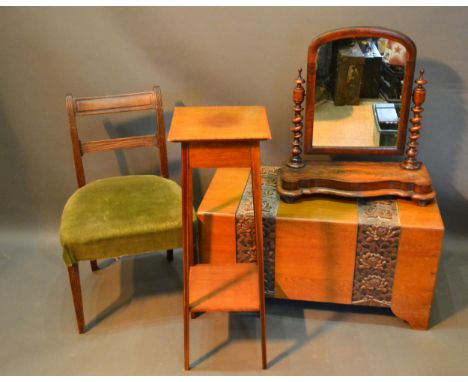 An Oriental Hardwood Trunk together with a Victorian swing frame toilet mirror, a Regency mahogany side chair and a mahogany 