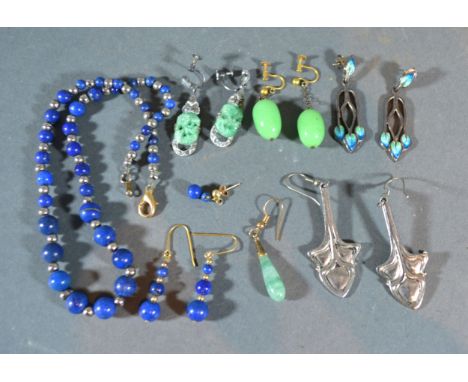 A Pair of 935 Silver Jade Set and Marcasite Earrings together with four other pairs of earrings, two other earrings and a Lap