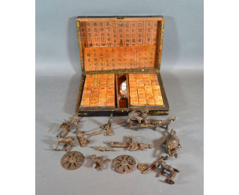 A Mahjong Set Within Lacquered Case together with a small collection of Persian metal figures 