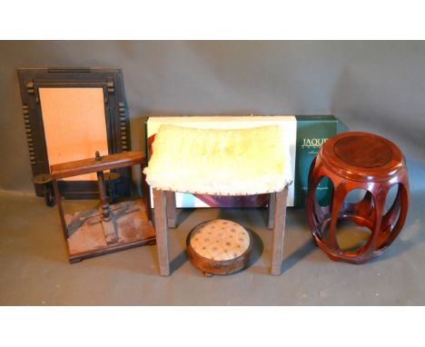 A George VI Oak Framed Coronation Stool together with a small foot stool, a book press, a Chinese side table, a Jacques bagat