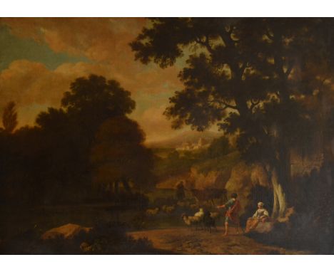 Abraham Cornelisz Bega 'An Italian Landscape With Figures Before A Tree And Buildings Beyond' oil on canvas, signed bottom le