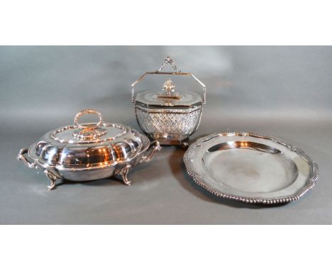 A Silver Plated and Cut Glass Biscuit Barrel together with an entree dish by Elkington and a silver plated  platter by Tiffan