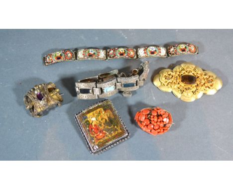 A Micro Mosaic Set Panel Bracelet together with another similar stone set panel bracelet, two gilt metal and stone set brooch