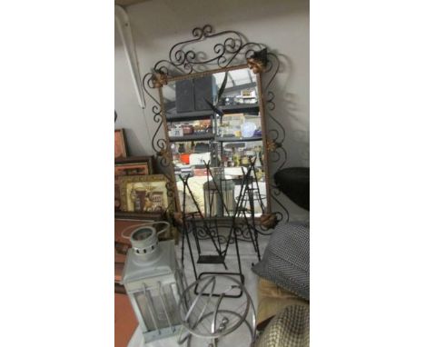 A wrought iron mirror, lantern etc.,