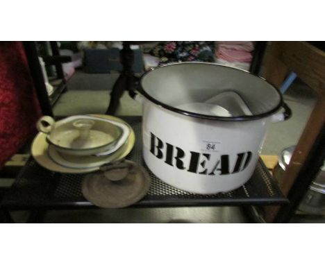 A mixed lot of enamel ware (bread bin missing lid).