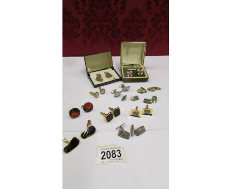 Approximately 10 pairs of cuff links including silver 'Rex', Enamelled farthings, Morgan Sports Club, dogs etc.,