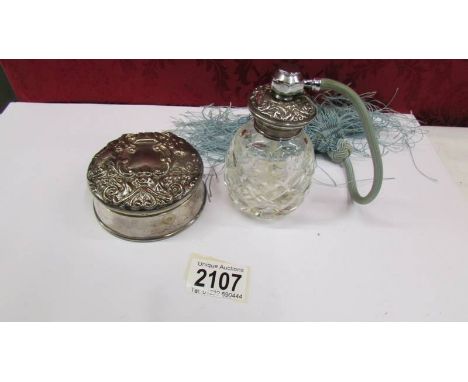 A silver trinket box and a cut glass atomiser (top unmarked).