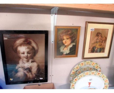 Framed and glazed portrait of fair haired child, F &amp; G print of father and child and  framed fabric portrait of a child