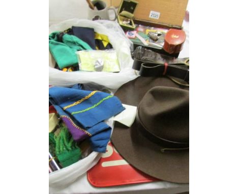 A good lot of genuine scout memorabilia including Baden Powell hat, Acme scout whistle, 2 belts, Brusletto Norwegian knife, n