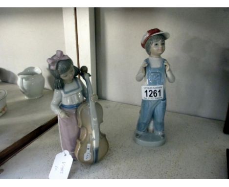 A Nao girl figure with cello and a Lladro boy A/F (finger missing)