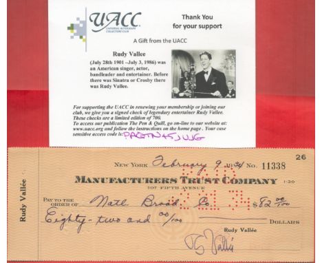 Rudy Vallee signed Limited edition Manufacturers Trust Company cheque. Vallee, known professionally as Rudy Vallee, was an Am