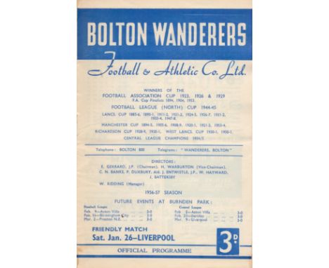 Bolton Wanderers Football and Athletic Club vintage programme taken from the friendly match dated 26th Jan 1957. Some previou