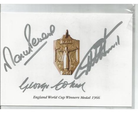 ENGLAND WORLD CUP WINNERS MEDAL 1966 Postcard Signed by Martin Peters, Geoff Hurst & George Cohen. Good Condition. All signed