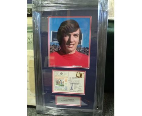 Martin Peters signed 1972 Tottenham v Wolves UEFA Cup final football cover. framed and mounted with a portrait photo to a ver
